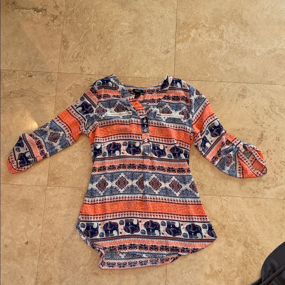 Rue21 Blue and Orange Elephant Print Blouse